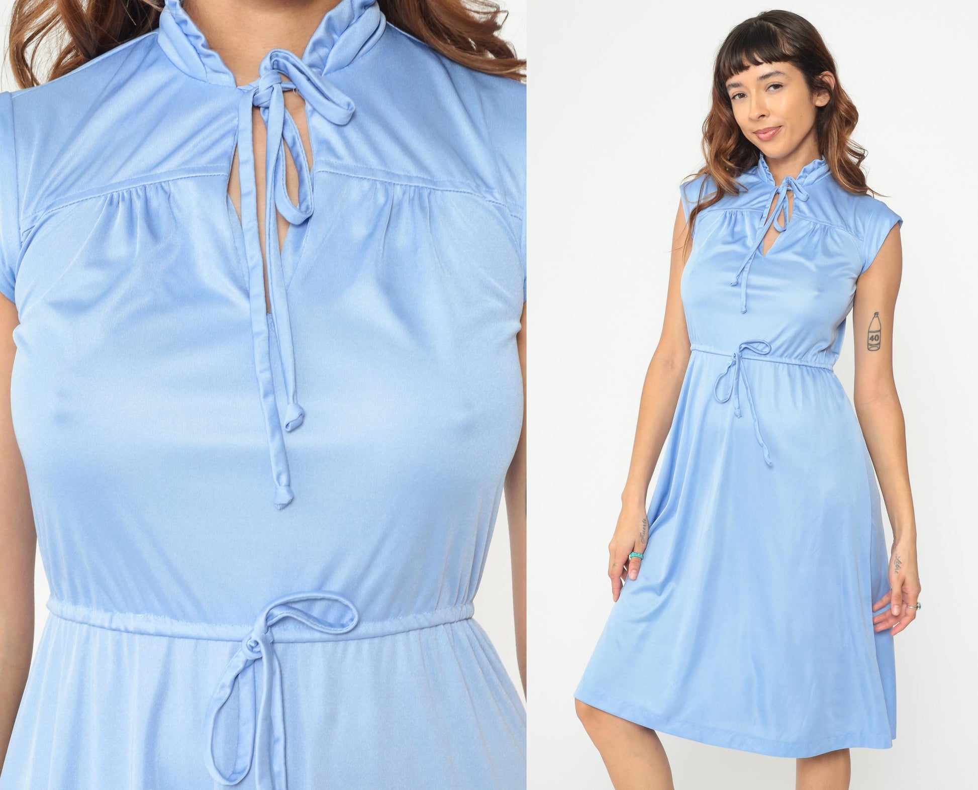 70s Powder Blue Midi Dress Tie Neck Bow Keyhole Cap Sleeve Belted Small