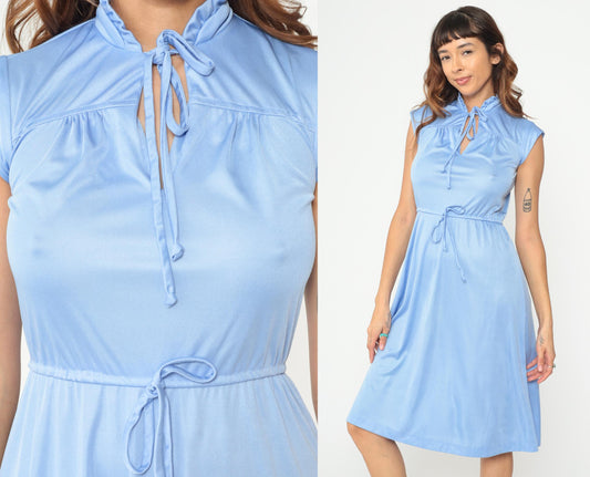 70s Powder Blue Midi Dress Tie Neck Bow Keyhole Cap Sleeve Belted Small