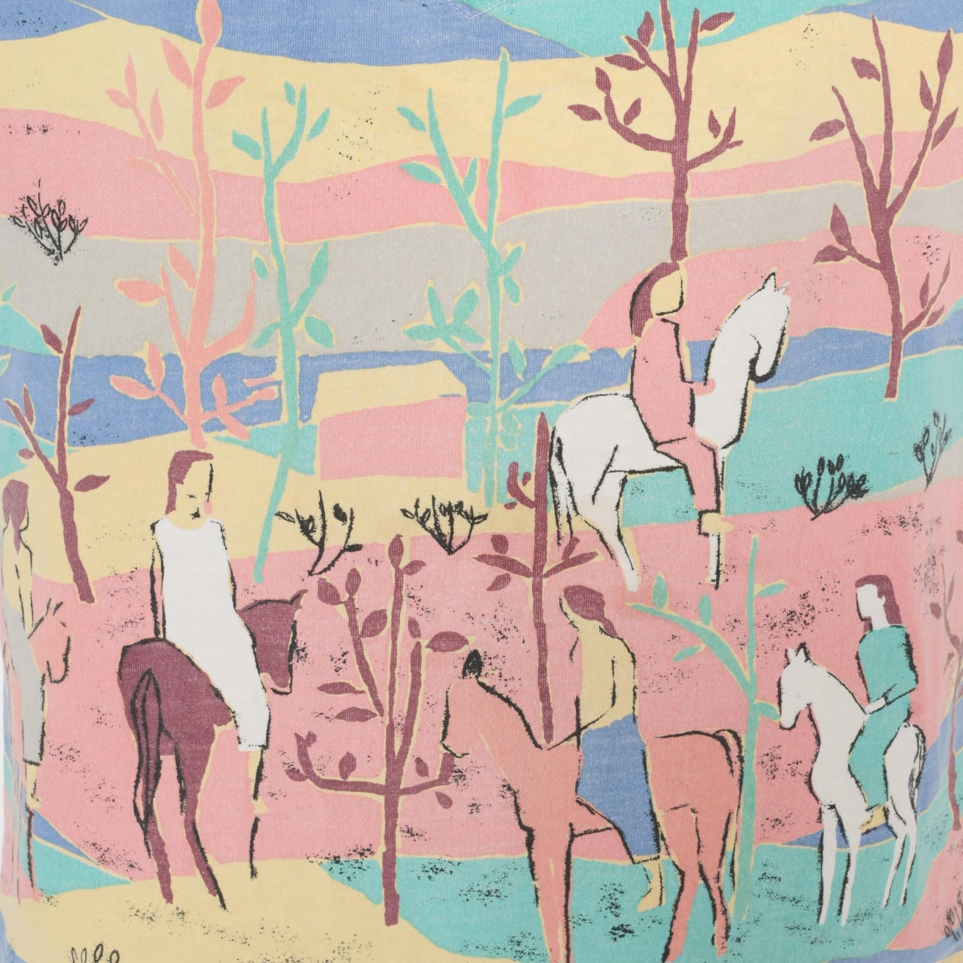 90s Pastel Horse Landscape Graphic V-Neck Tee Cotton Pink Blue Medium