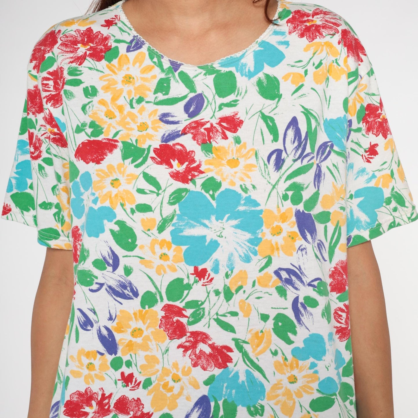 90s Basic Editions Floral T-Shirt Multicolor Watercolor Daisy White Large L