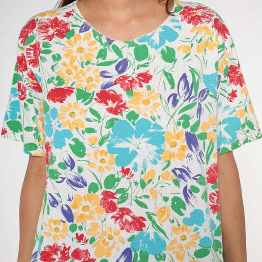 90s Basic Editions Floral T-Shirt Multicolor Watercolor Daisy White Large L