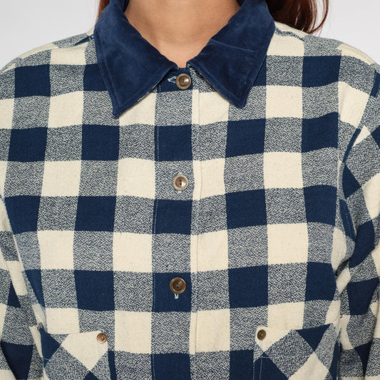 90s Commotion Buffalo Check Flannel Shirt Navy Cream Cropped Large L