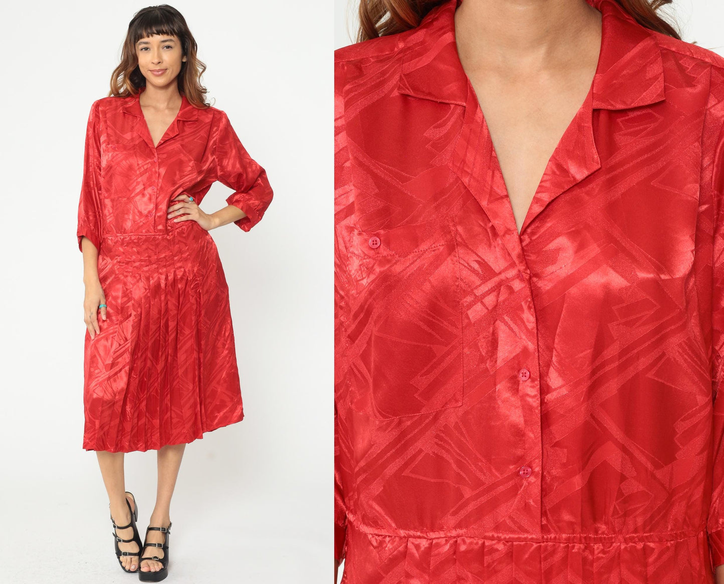 80s Red Midi Dress Button Front Pleated Jacquard Geometric Collar Medium