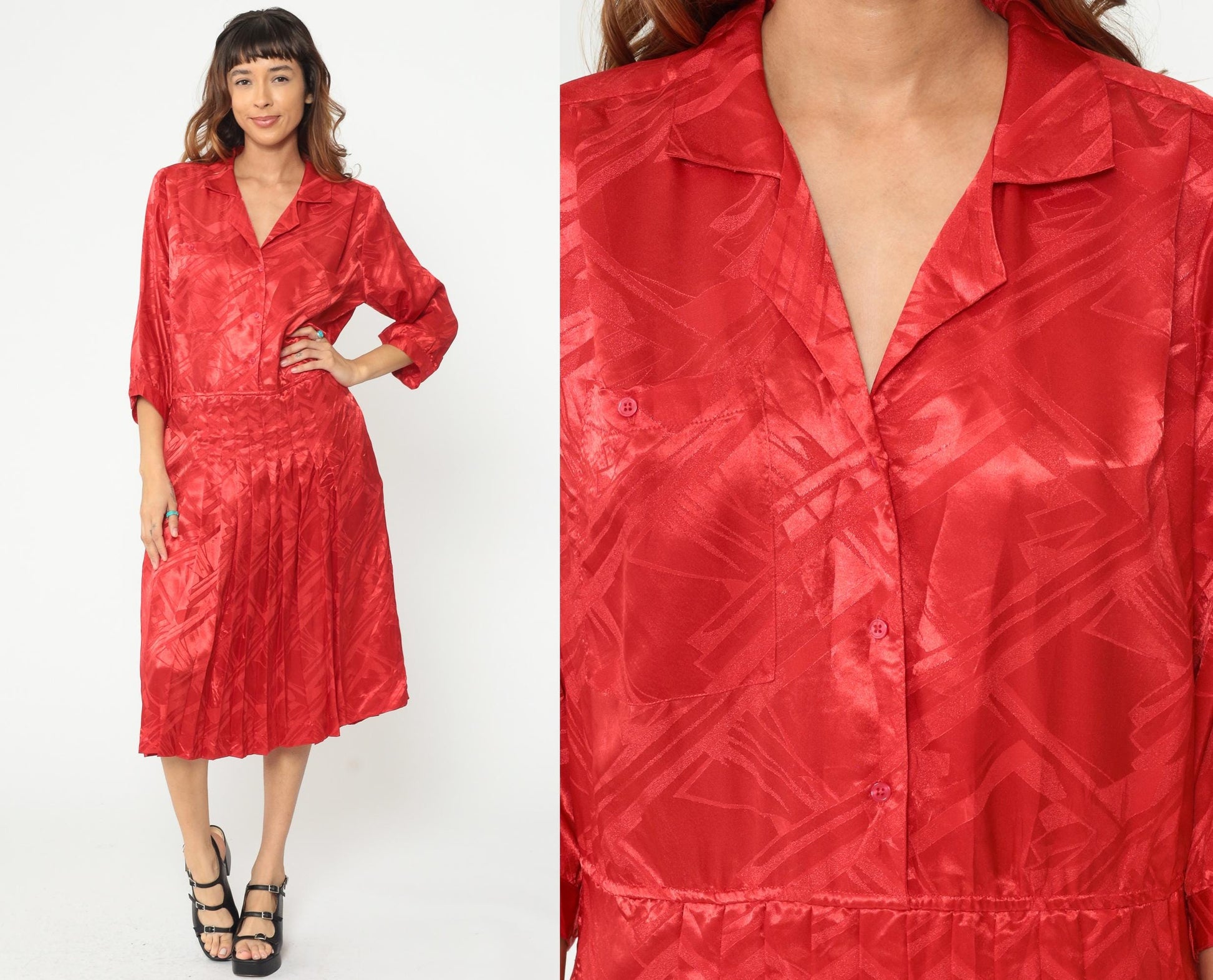 80s Red Midi Dress Button Front Pleated Jacquard Geometric Collar Medium