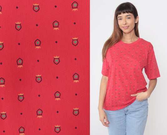 90s Talbot's Red Shield Crest Print Cotton T-Shirt Medium M