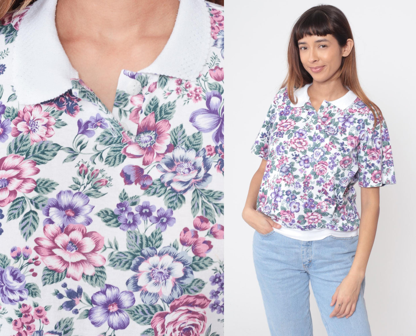 90s Cascade Blues Floral Polo Shirt Pink Purple Rose White Collar Large L