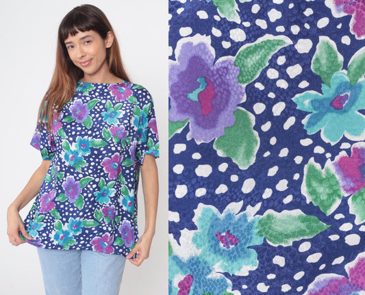 90s Sybil California Floral Polka Dot Blouse Navy Short Sleeve Medium