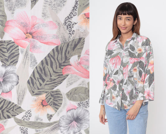 90s Box Office Floral Button Down Shirt Pink Orange Green Tropical Large L