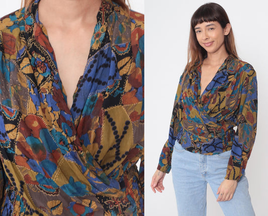 90s Ms Interpret Wrap Blouse Abstract Patchwork Long Sleeve Medium M
