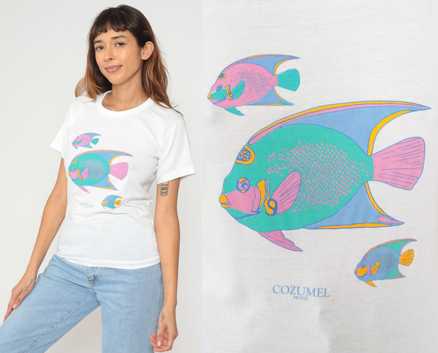 Y2K Cozumel Mexico Tropical Fish Graphic Tee White Cotton Small
