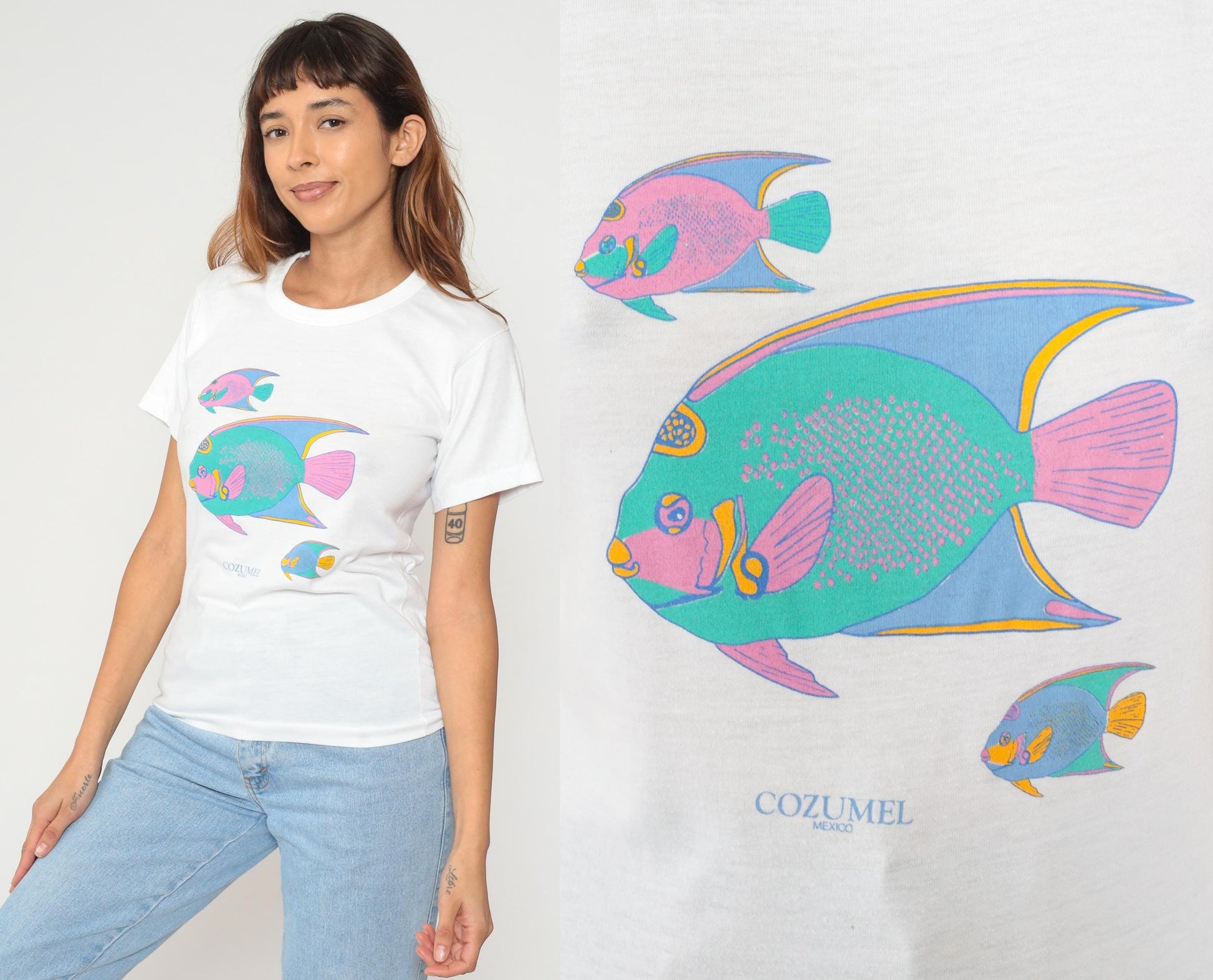 Y2K Cozumel Mexico Tropical Fish Graphic Tee White Cotton Small