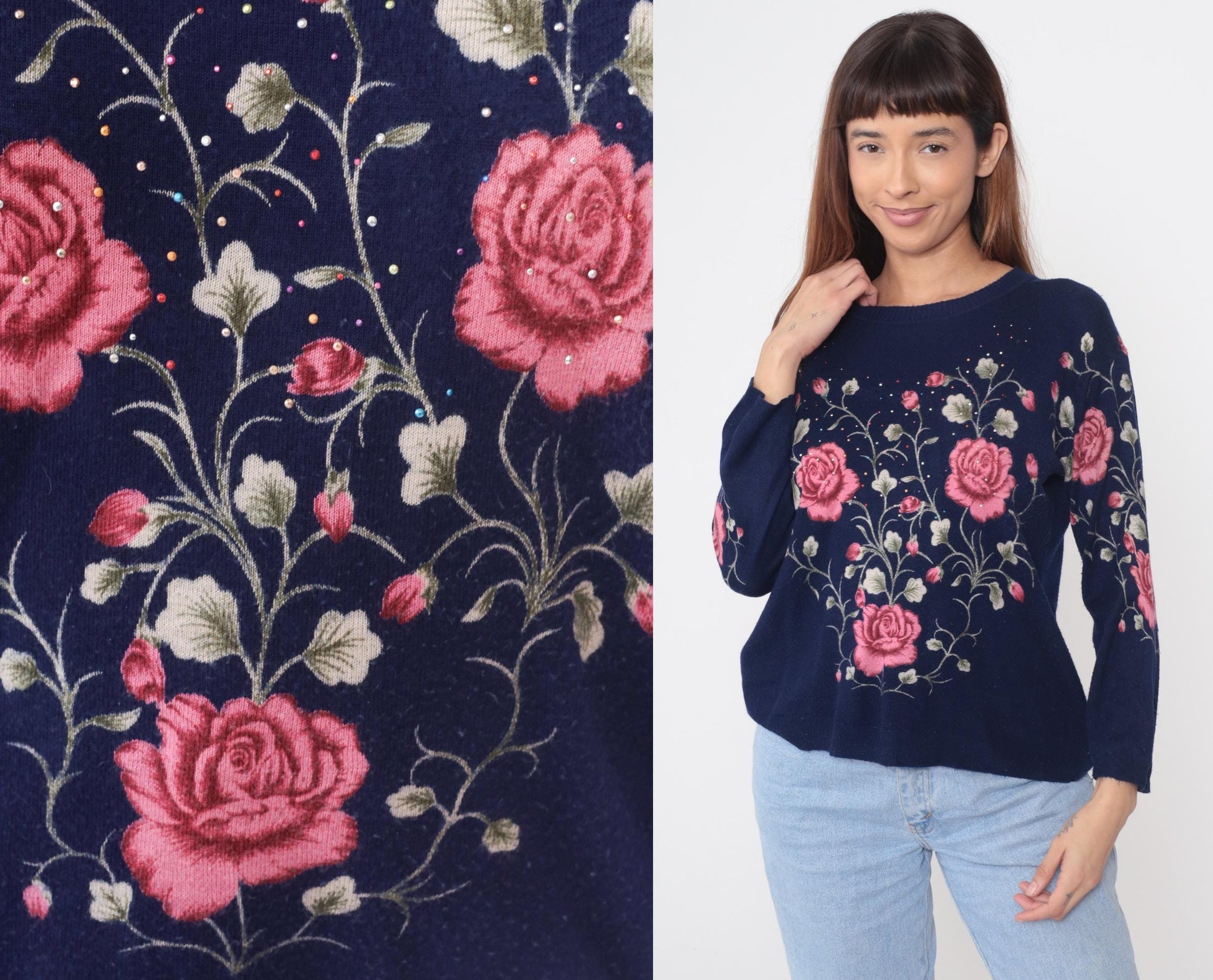 90s Navy Rose Embroidered Sweater Pink Beaded Knit Pullover Large L