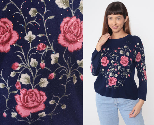 90s Navy Rose Embroidered Sweater Pink Beaded Knit Pullover Large L