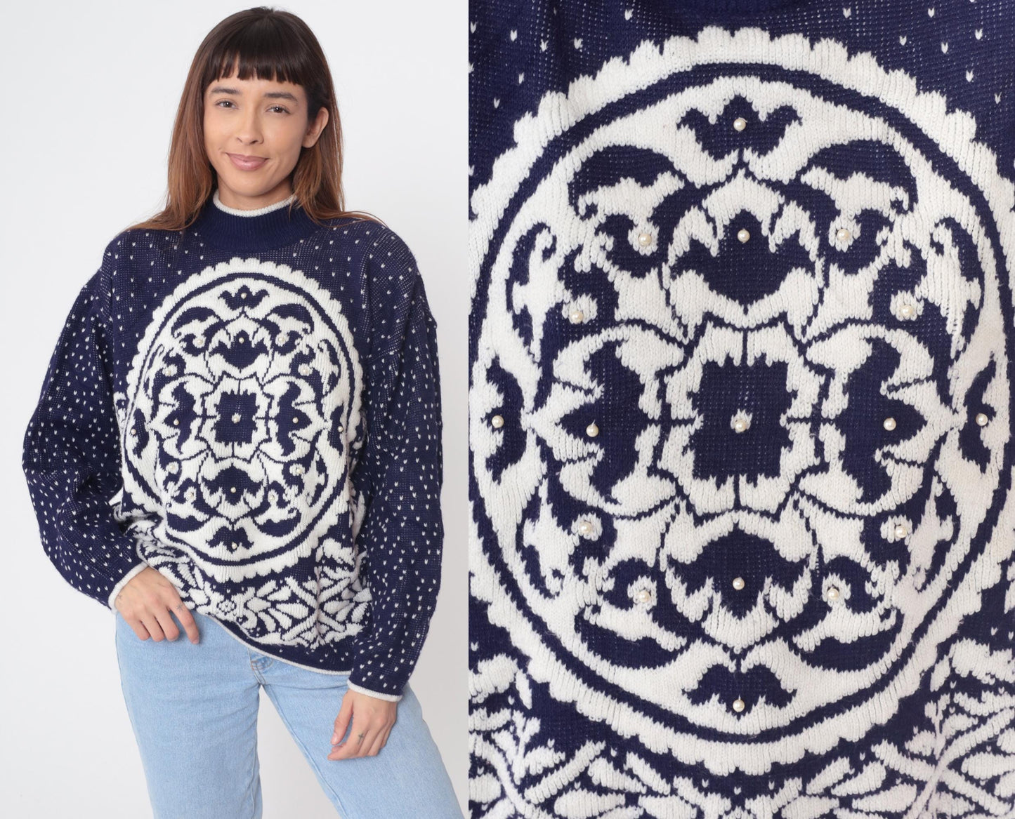 80s Navy Blue White Geometric Medallion Knit Sweater Beaded Crewneck Medium