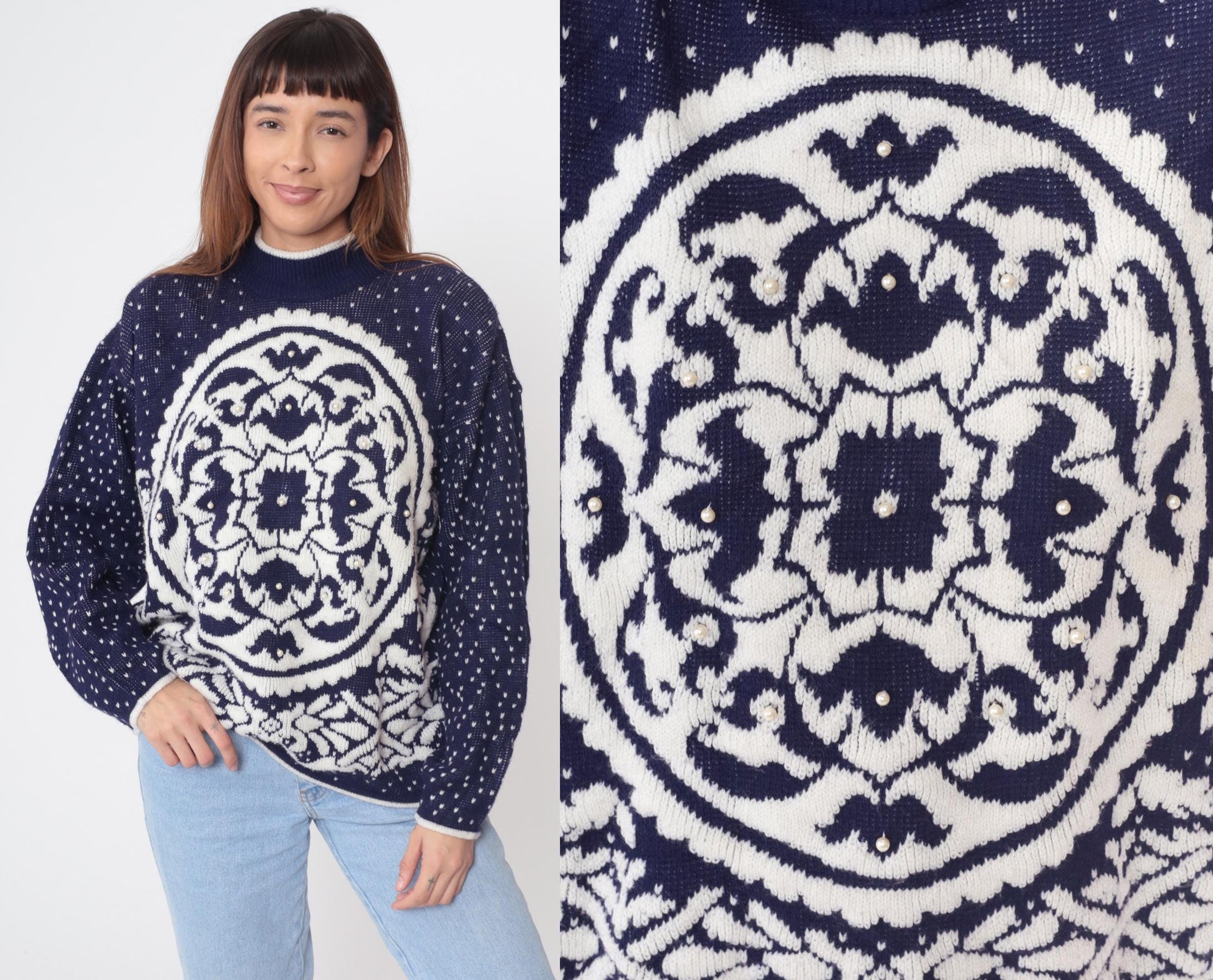 80s Navy Blue White Geometric Medallion Knit Sweater Beaded Crewneck Medium