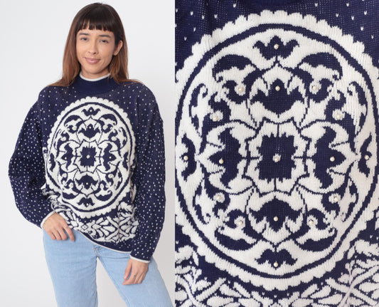 80s Navy Blue White Geometric Medallion Knit Sweater Beaded Crewneck Medium