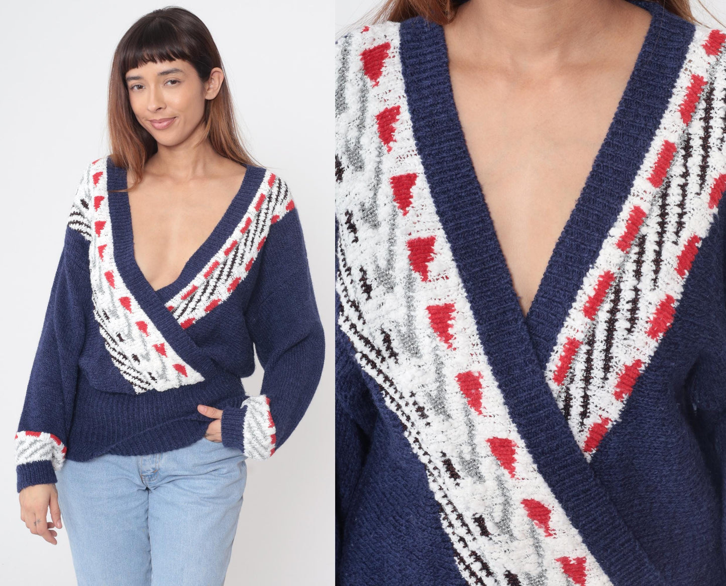 80s Carducci Navy Geometric Knit Pullover Balloon Sleeve V-Neck Large L