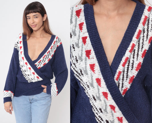 80s Carducci Navy Geometric Knit Pullover Balloon Sleeve V-Neck Large L