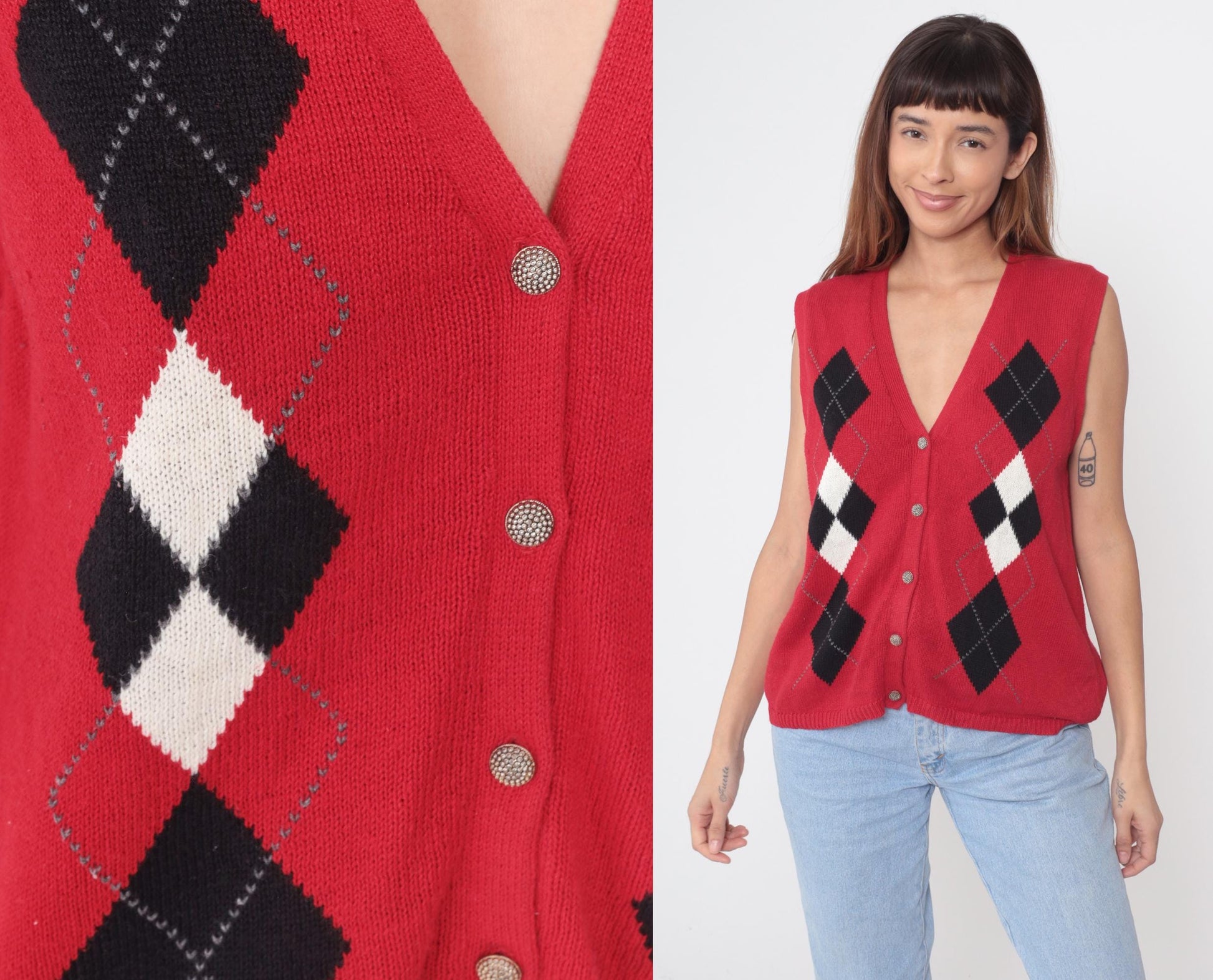 Sag Harbor Argyle Sweater Vest Red Black V-Neck Button Front Medium M