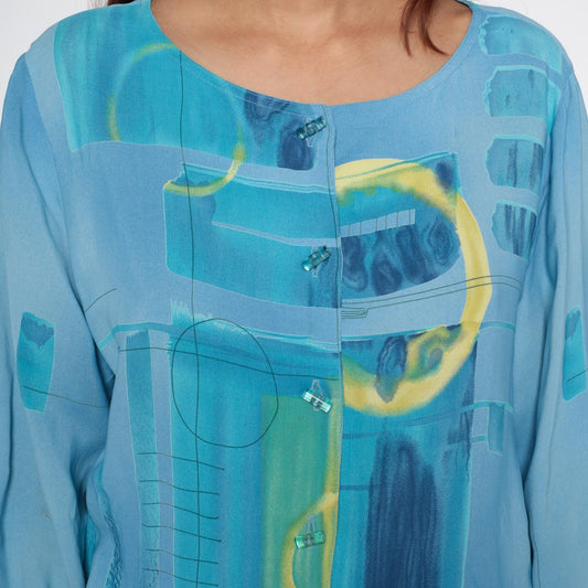90s Nino Wong Geometric Watercolor Button Blouse Blue Rayon Medium M