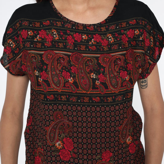 90s Paisley Floral Short Sleeve Blouse Black Burgundy Red Small S