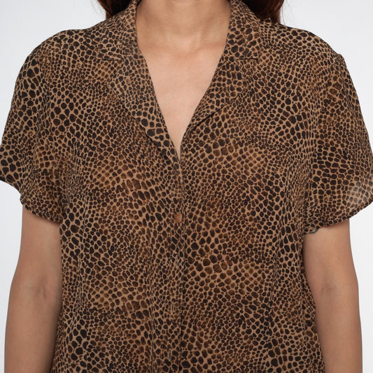 90s Leopard Print Button-Up Blouse Beige Brown Collared Short Sleeve Large L