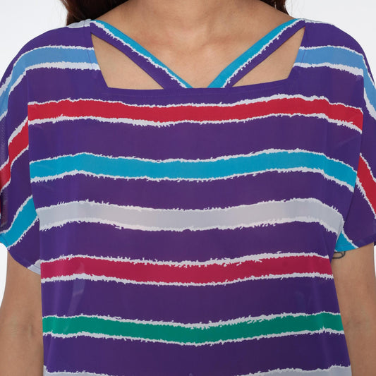 80s Purple Striped Tunic Cutout Back Geometric Short Sleeve Medium