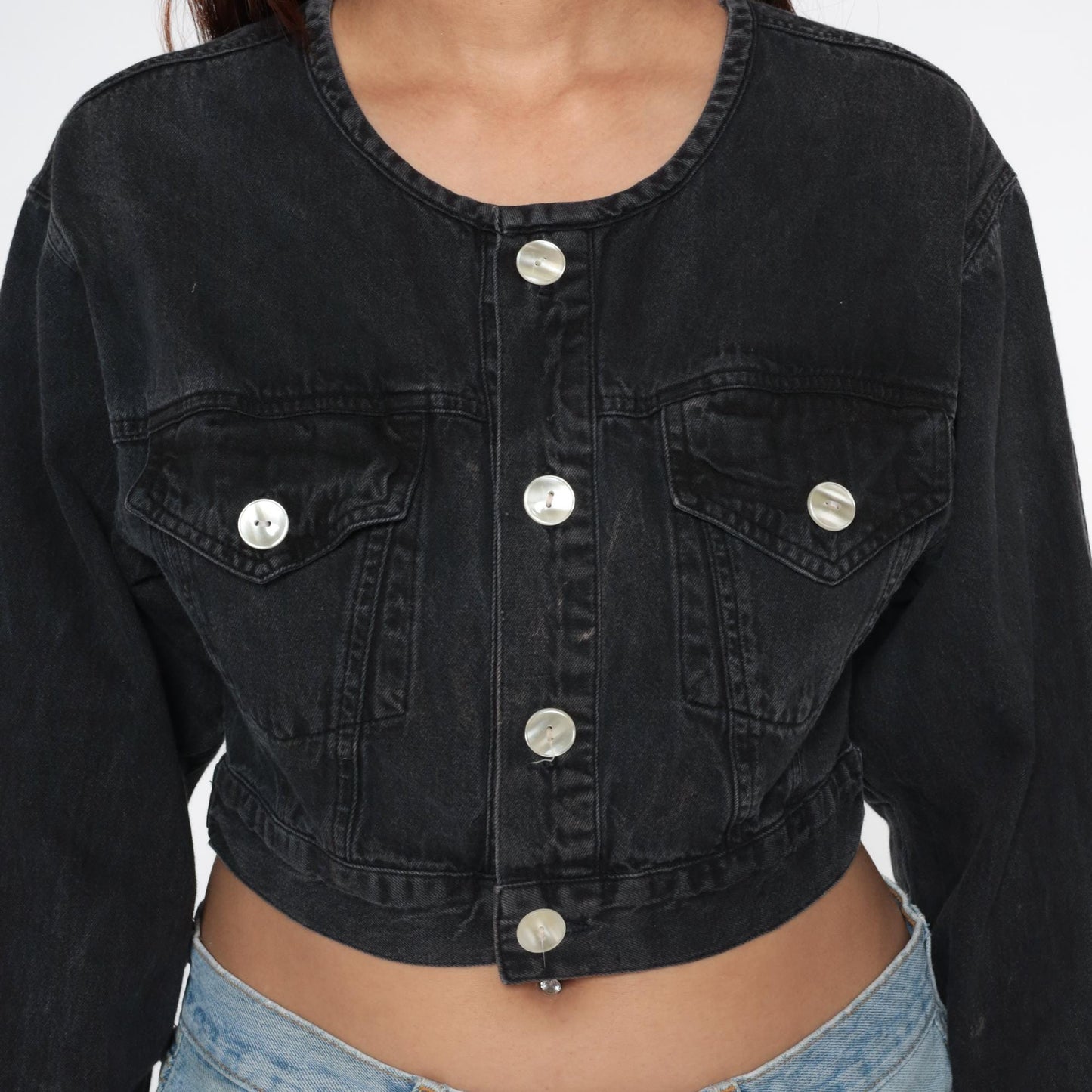 80s Black Denim Jacket Cropped Fitted Collarless Bleach Distressed Small S