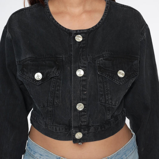 80s Black Denim Jacket Cropped Fitted Collarless Bleach Distressed Small S