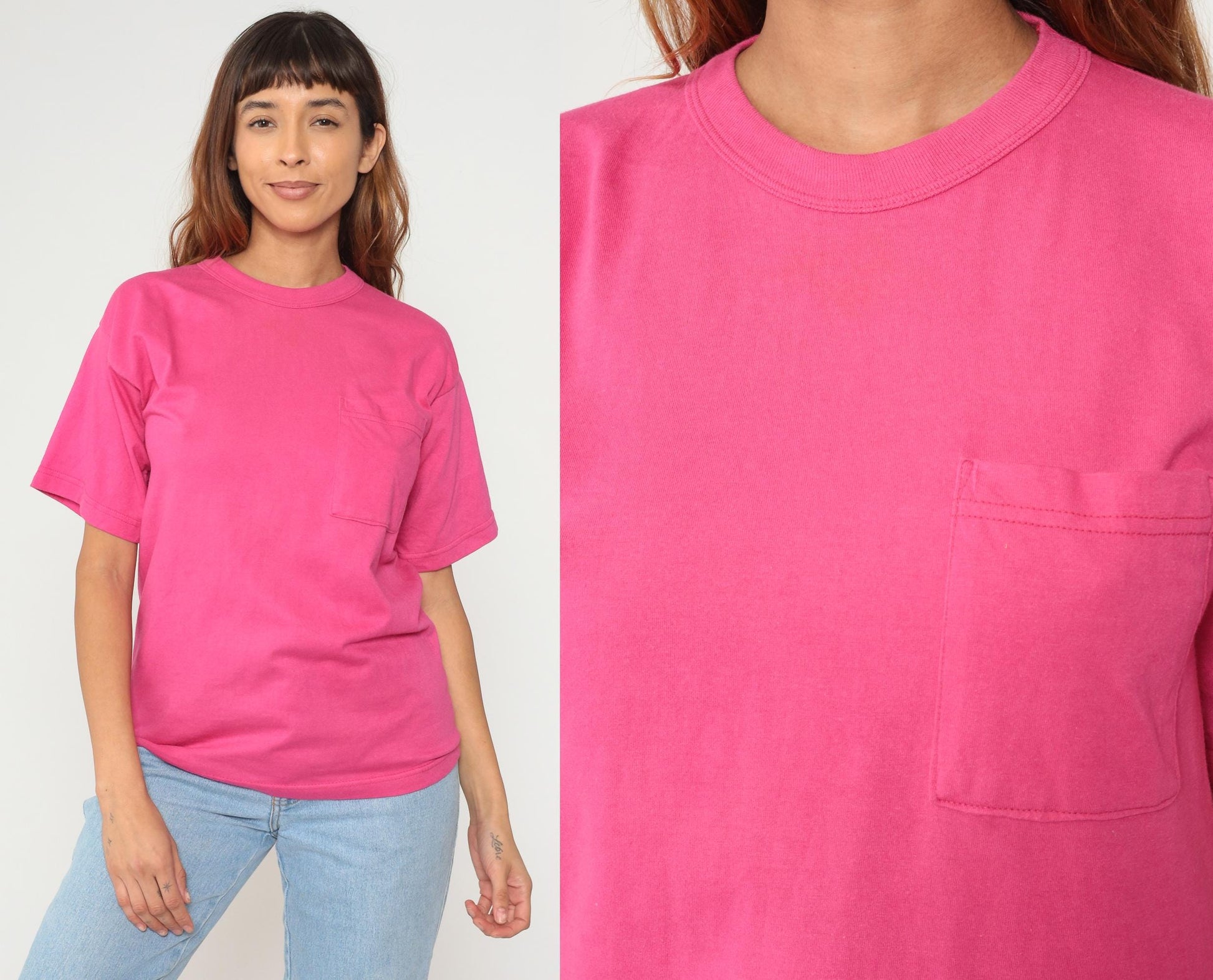 90s Pink Pocket T-Shirt Cotton Single Stitch Vintage Tee Small S