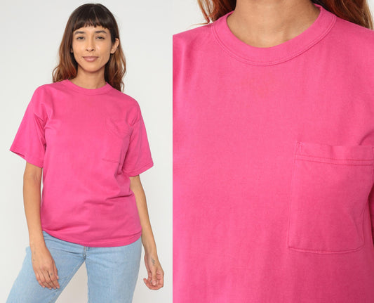 90s Pink Pocket T-Shirt Cotton Single Stitch Vintage Tee Small S