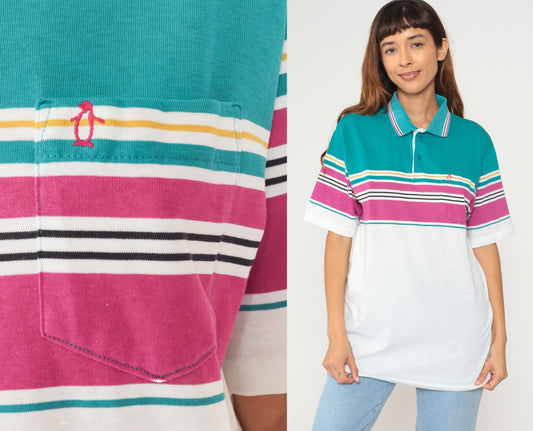 80s Penguin Striped Polo Shirt White Teal Purple Gold Quarter Button Medium