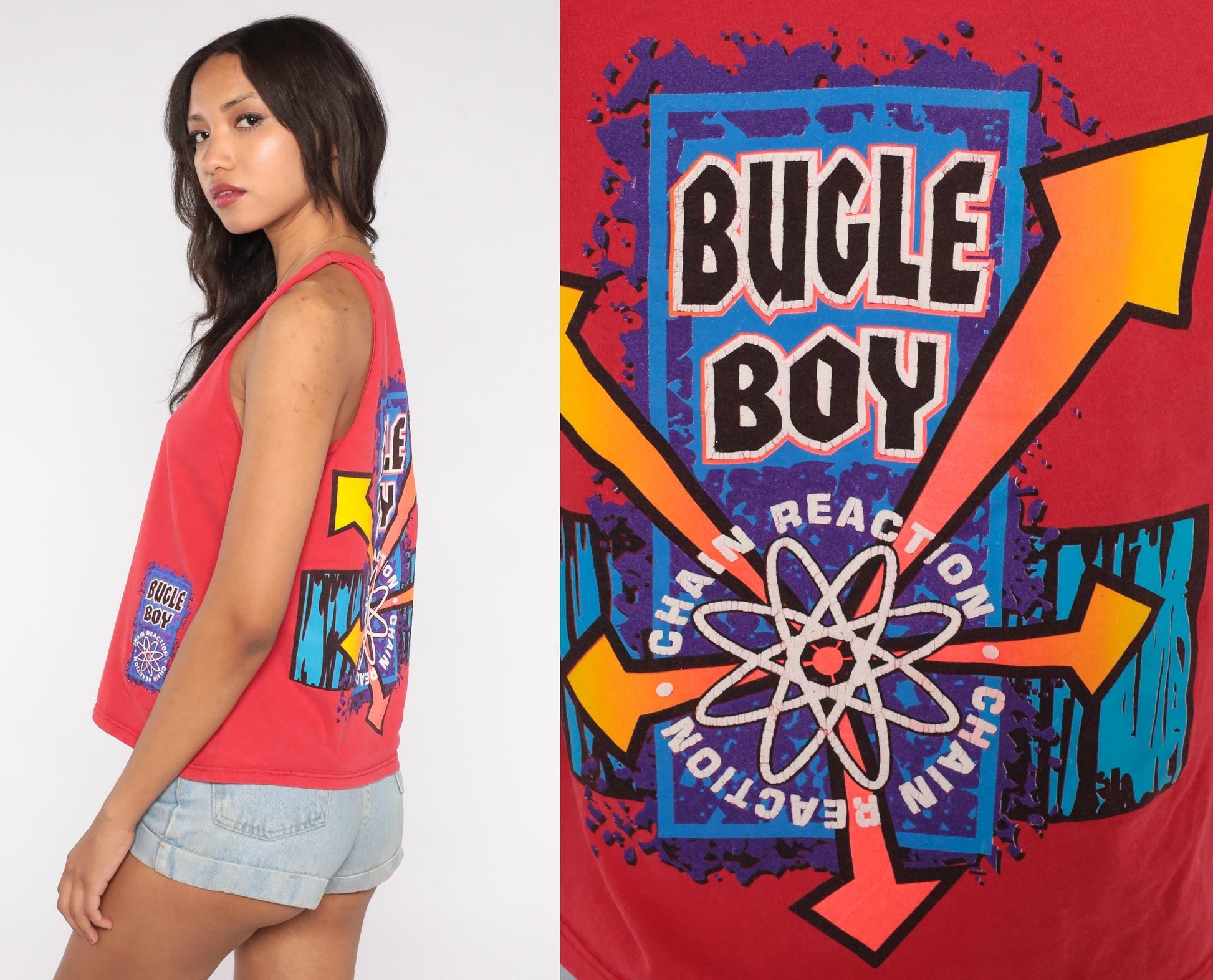 90s Bugle Boy Active Red Tank Top Chain Reaction Atom Graphic Small