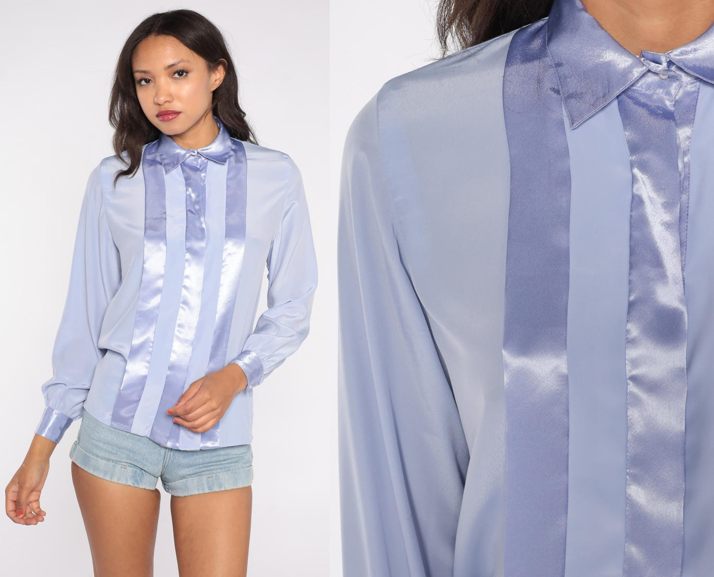 Y2K Jacklyn Smith Periwinkle Blouse Satin Panel Button Front Small