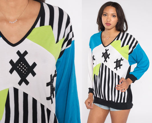 90s Bonnie and Bill Colorblock Sweatshirt Geometric Studs Black Blue Yellow Large