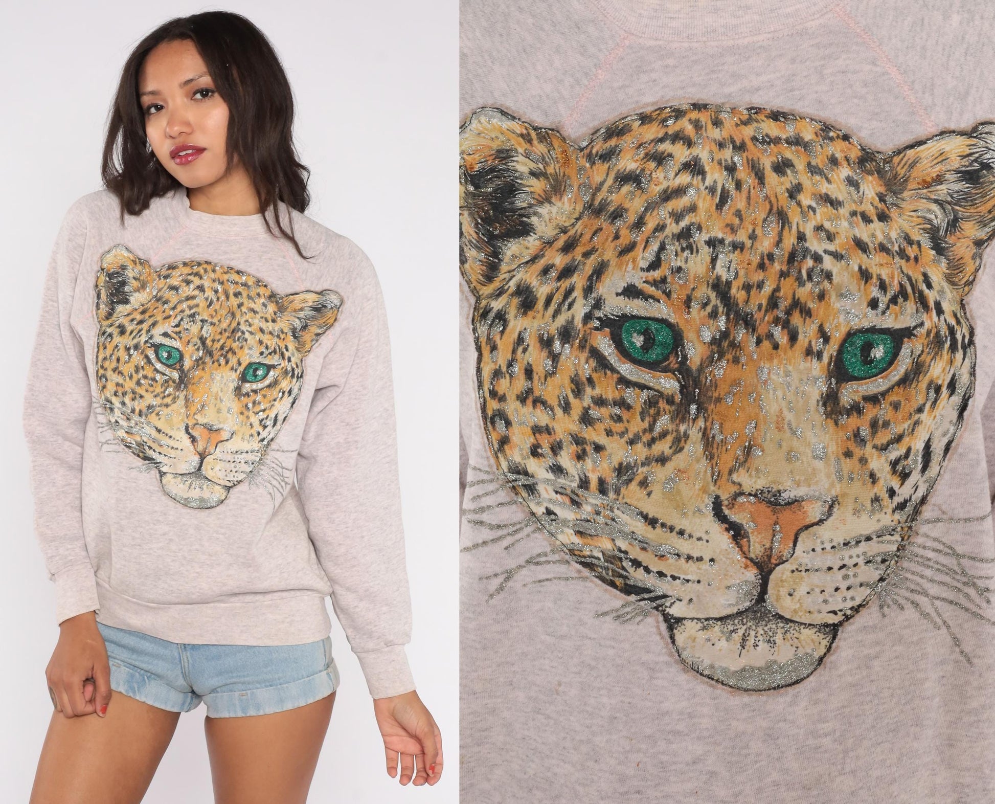 90s Tultex Leopard Sweatshirt Grey Glitter Graphic Raglan Large L