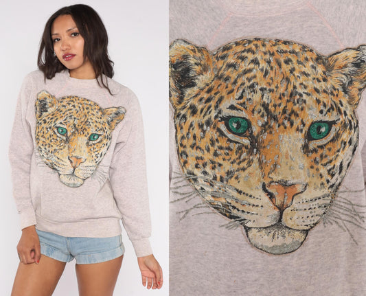 90s Tultex Leopard Sweatshirt Grey Glitter Graphic Raglan Large L