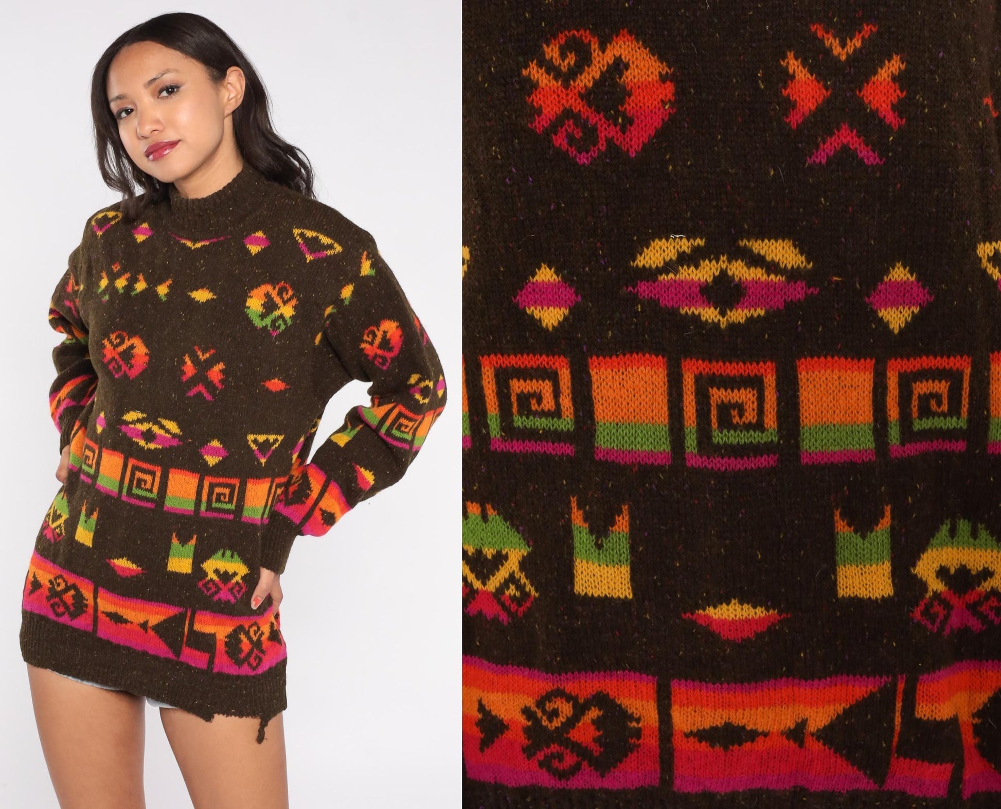 90s United Colors of Benetton Southwestern Sweater Mock Neck Wool Blend Medium M