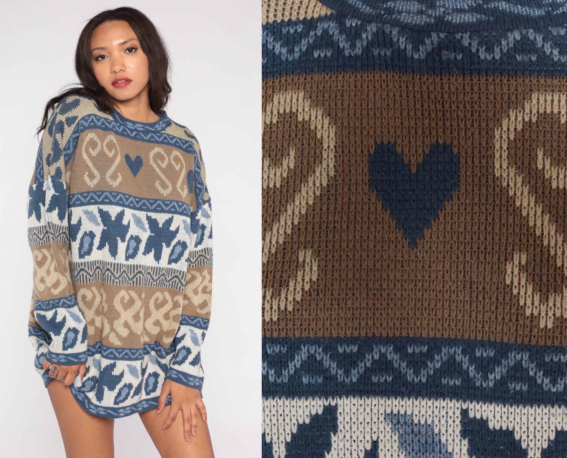 80s Nan Dorsey Fair Isle Sweater Nordic Hearts Blue Brown Geometric Knit Extra Large