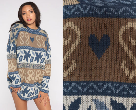 80s Nan Dorsey Fair Isle Sweater Nordic Hearts Blue Brown Geometric Knit Extra Large