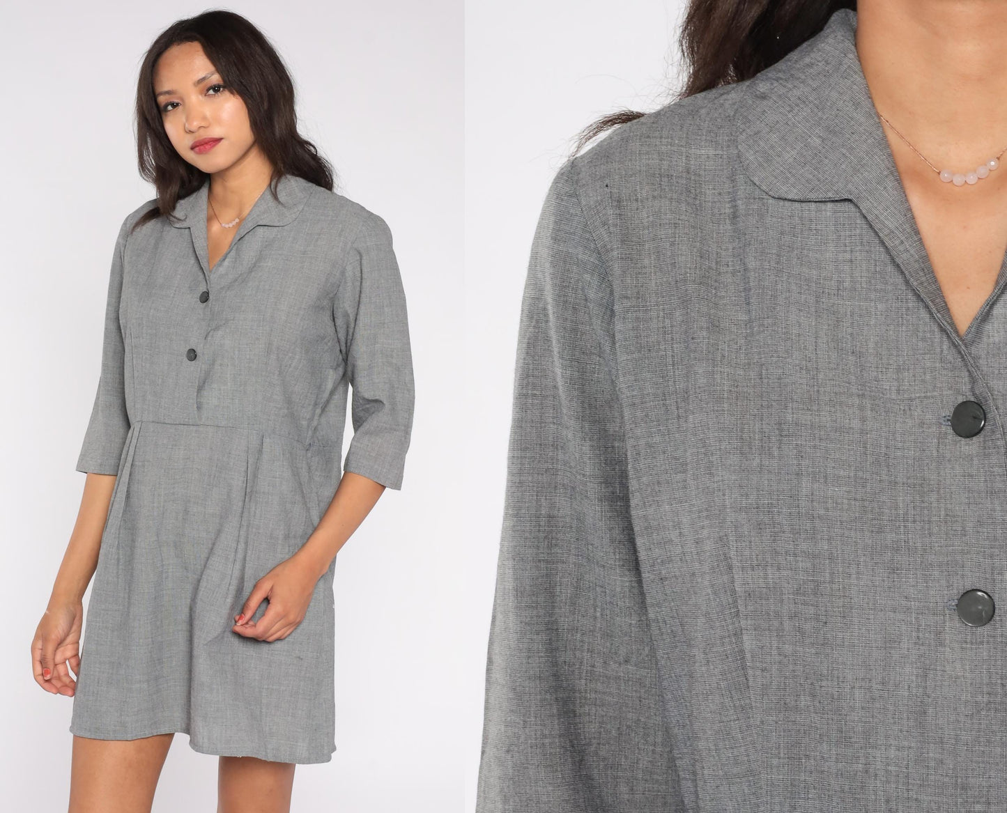 1950s Grey Shirt Dress Button-Front Collar A-Line Knee-Length Large L