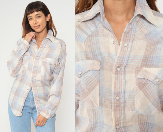 80s Gap Western Pearl Snap Shirt Cream Blue Gingham Plaid Medium
