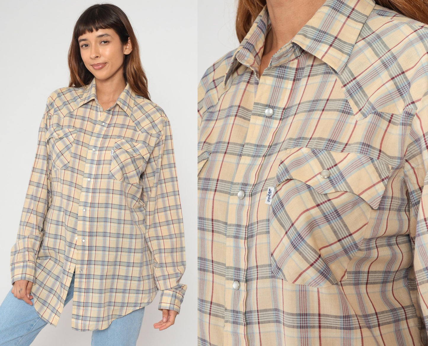 80s Levi's Plaid Button-Up Shirt Tan Brown Cotton Long Sleeve Large