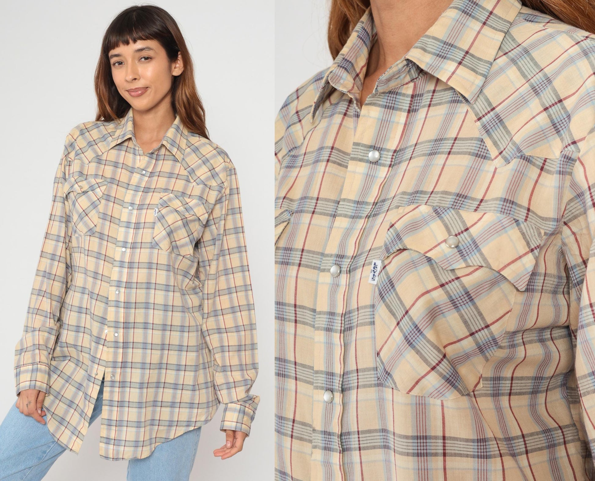 80s Levi's Plaid Button-Up Shirt Tan Brown Cotton Long Sleeve Large