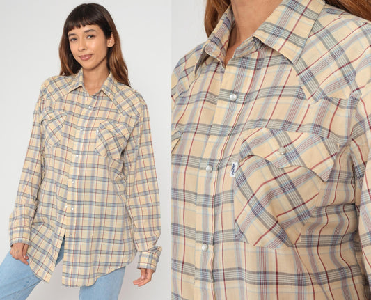 80s Levi's Plaid Button-Up Shirt Tan Brown Cotton Long Sleeve Large