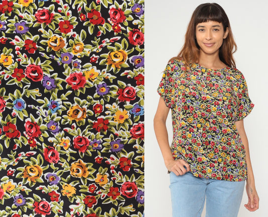 90s Black Floral Ditsy Print Blouse Short Sleeve Crew Neck Medium