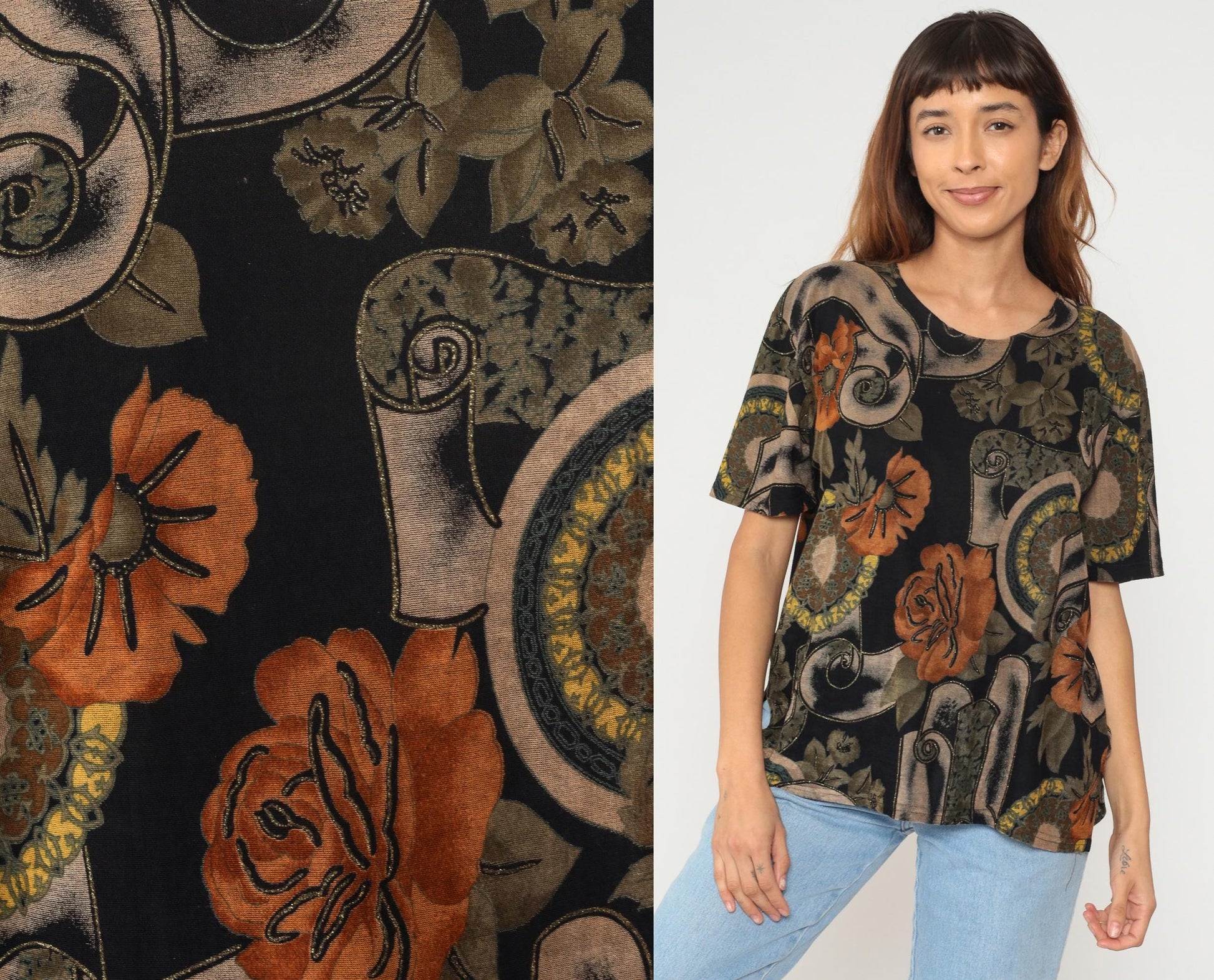 90s Jostar Floral Scroll Print T-Shirt Black Rust Orange Olive Large