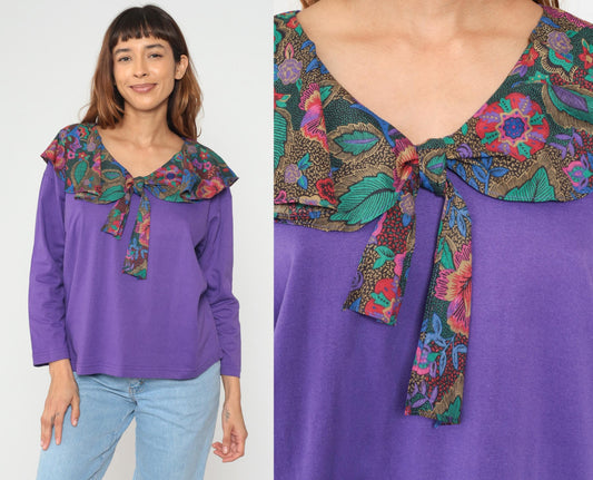 90s Purple Floral Tie Neck Cotton Blouse Long Sleeve V-Neck Medium M