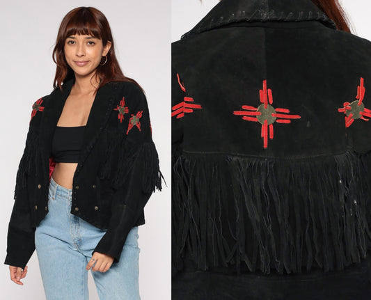 90s Learsi Black Leather Western Jacket Fringe Red Star Motif Large L