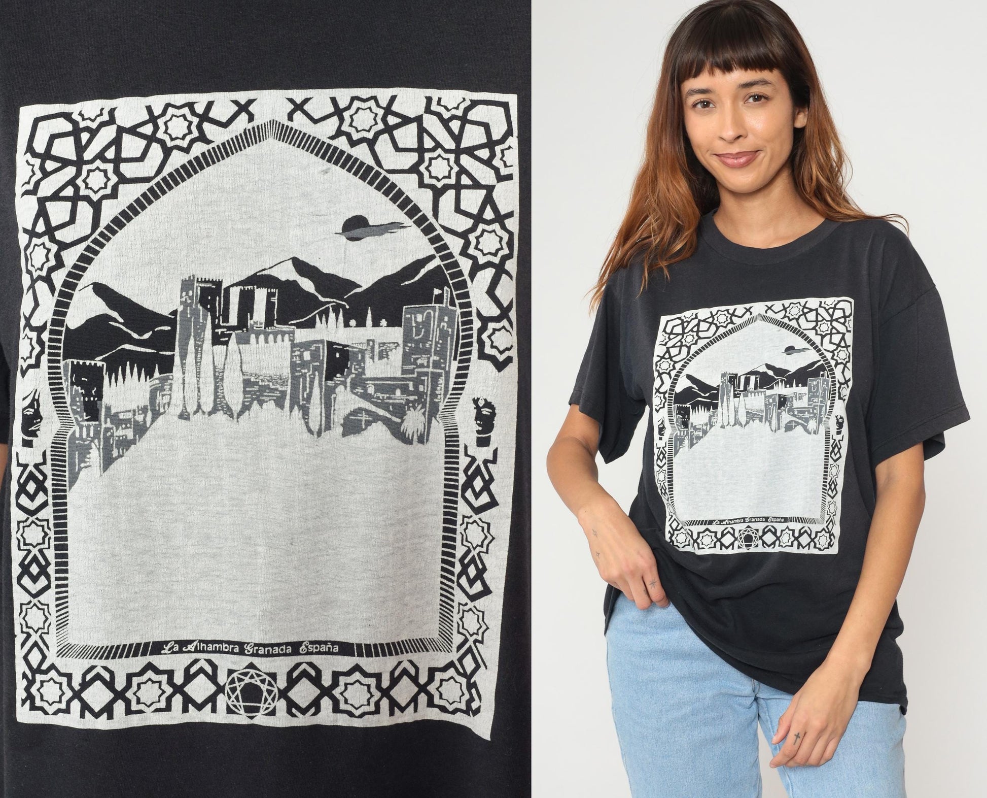 Y2K Spain Alhambra Granada Castle Graphic Tee Black White Small Medium